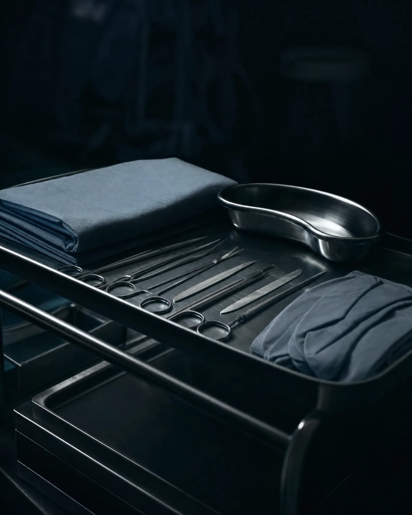 A stainless steel trolley laid out with a folded sterile drape, a kidney dish, instruments and gloves
