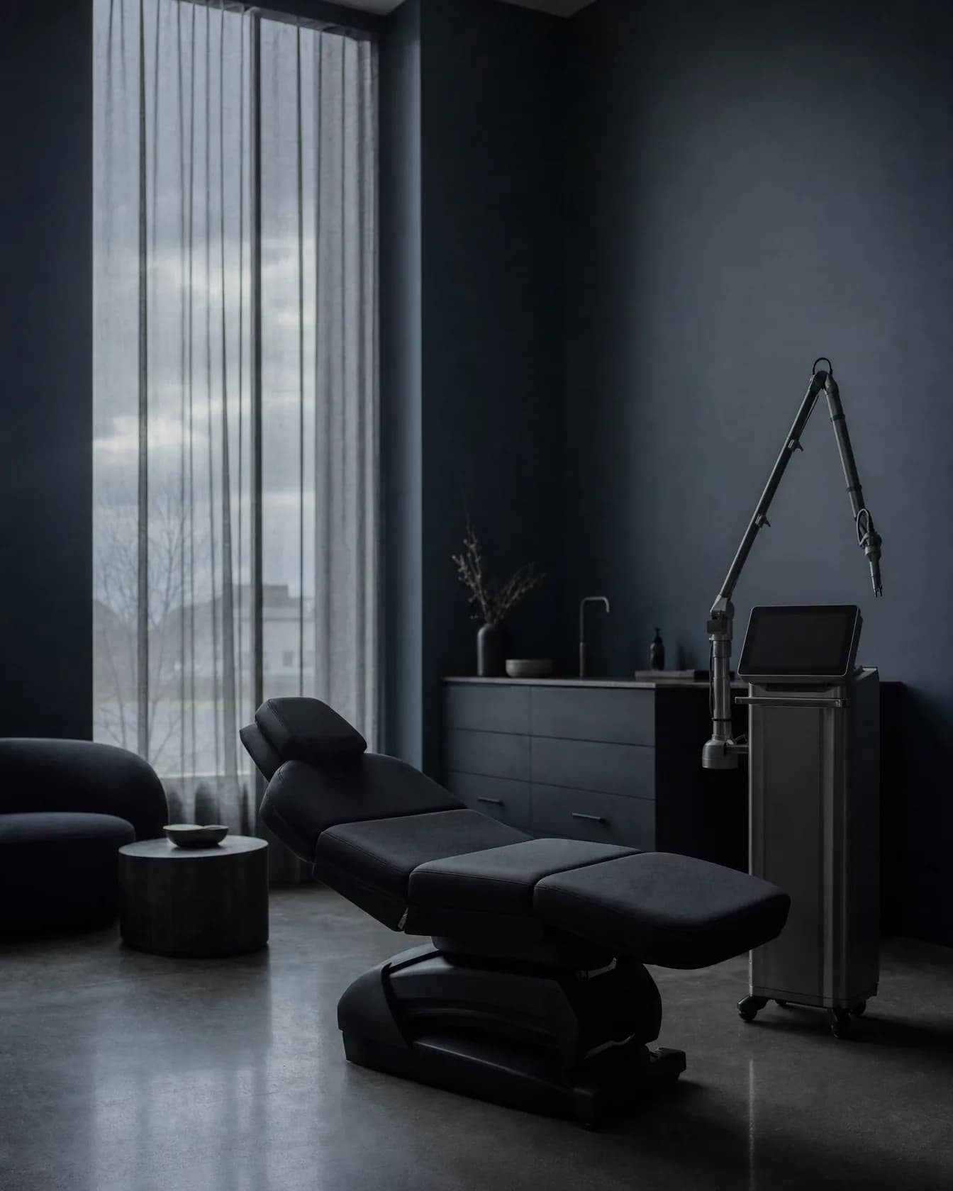 A treatment room with a powered chair, a folded towel and an unbranded device on a trolley, daylight from a curtained window